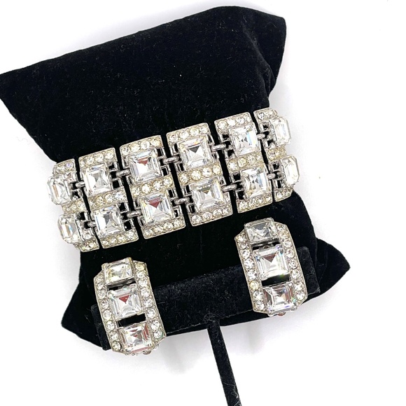 Bogoff Signed Vintage Rhinestone Panel Bracelet Clip Earrings Set - Picture 1 of 15